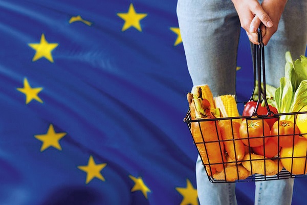 woman-is-holding-supermarket-basket-european-union-waving-flag-background-economy-concept-for-fresh-fruits-and-vegetables-2ADRD17
